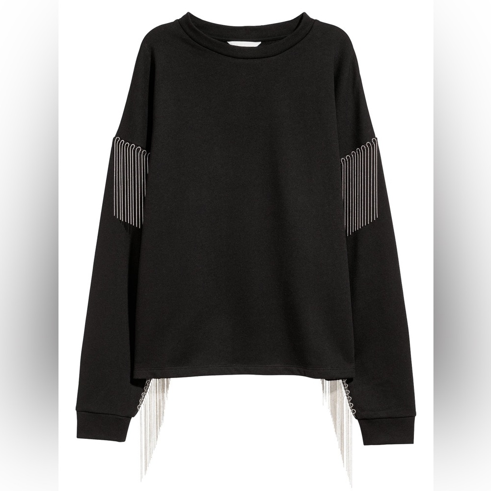 H&M Black Pullover Sweatshirt with Silver Fringe Ball Chain Detail Size S